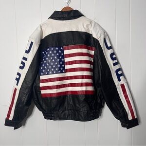 Vintage Black Leather Bomber Jacket with American Flag